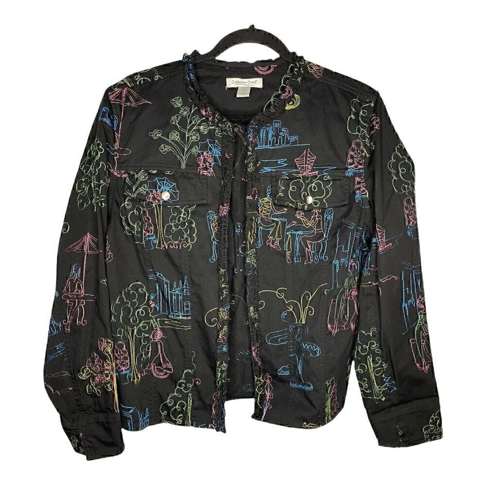 Coldwater Creek Jacket Size L Art-to-Wear Cotton Embroidered Lux Shopping Coffee